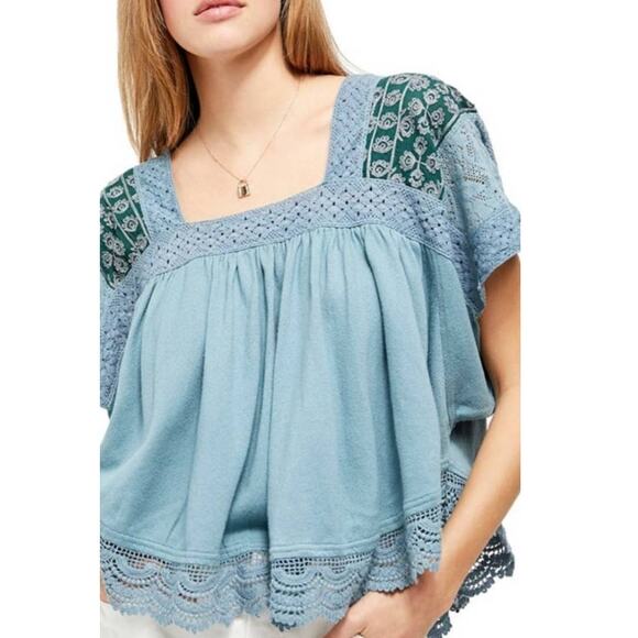 Free People Tops - New Free People Prairie Days Floral Embroidered Lace Blouse $98 X-SMALL Seafoam